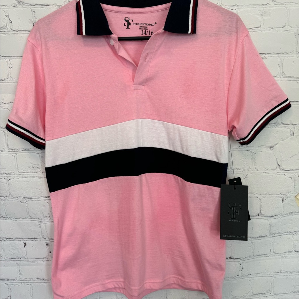 Boys Stylish Pink Polo Shirt with Black and White Accents SZ 14/16